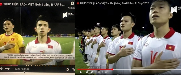 Tiếng bài Quốc ca Việt Nam bị tắt trên kênh YouTube phát sóng trận đấu Việt Nam – Lào tại AFF Suzuki Cup 2020 tối 6-12 (trái) và bản phát lại chiều 7-12 mới có âm thanh ở lễ chào cờ – Ảnh chụp màn hình
