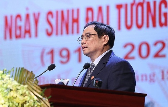 Thủ tướng Chính phủ Phạm Minh Chính đọc Diễn văn tại lễ kỷ niệm 110 năm Ngày sinh Đại tướng Võ Nguyên Giáp (25/8/1911 – 25/8/2021) – Ảnh: VGP